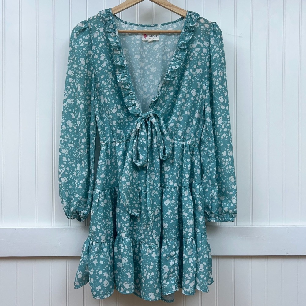 L'ATISTE by Amy Mini Dress Cottagecore Babydoll Blue Floral Ruffle Long Sleeve M